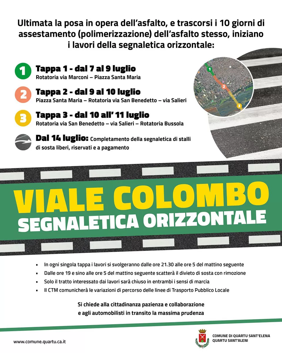 Lavori segnaletica orizzontale in viale Colombo a Quartu