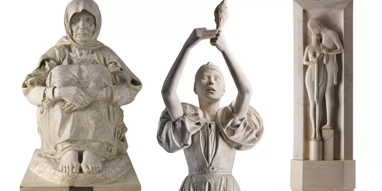 Tre opere di Francesco Ciusa, da sinistra: La madre dell’ucciso [1906-07], La filatrice [1908-09] e L’amore (Il bacio) [1931-32]