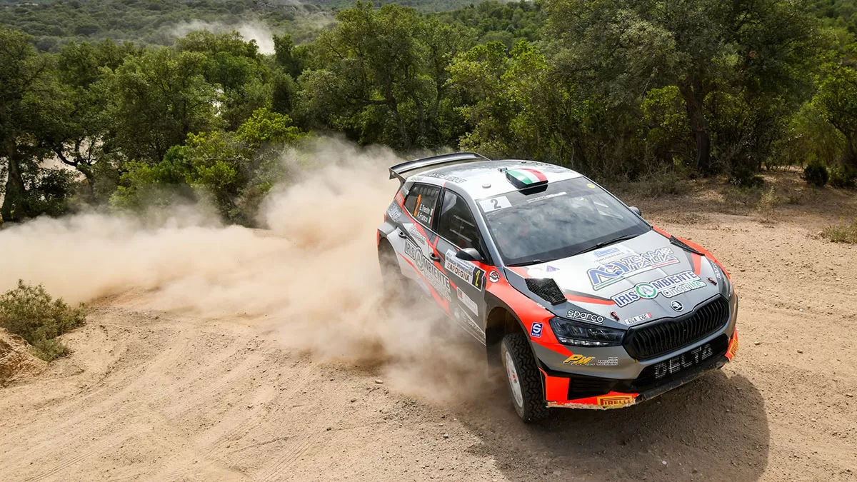 Giovanni Trentin e Alessandro Franco su Skoda Fabia Rs Rally2 vincitori del 22° Rally dei Nuraghi e del Vermentino. Foto Aci Sport