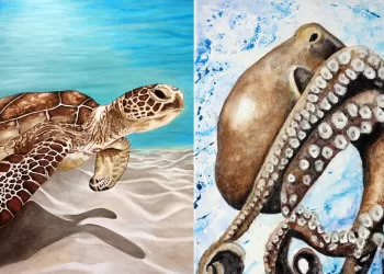 Due opere di Tiziana Sanna: Caretta Caretta e polpo