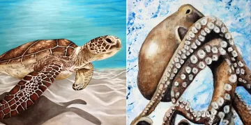 Due opere di Tiziana Sanna: Caretta Caretta e polpo