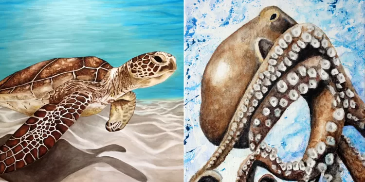 Due opere di Tiziana Sanna: Caretta Caretta e polpo
