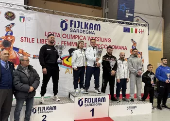 Il podio del Campionato Regionale di Lotta libera. 1° febbraio 2026 Pala Santoru di Sassari