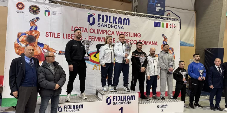 Il podio del Campionato Regionale di Lotta libera. 1° febbraio 2026 Pala Santoru di Sassari
