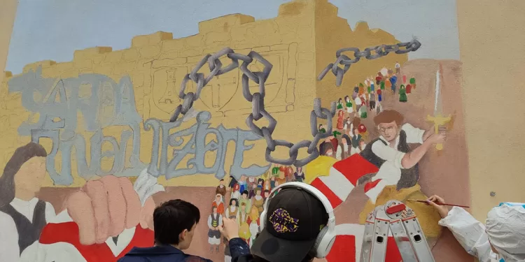 Studenti al lavoro sul murale “Sa Sarda Rivolutzione 1796–2026” al Liceo Artistico “Filippo Figari” di Sassari