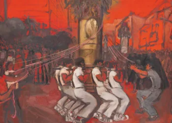 Liliana Cano, “I candelieri”, primi anni Settanta. Olio su tela, 200×140 cm, collezione privata, Sassari. Foto Luigi Manca. Per gentile concessione dell’Archivio Liliana Cano