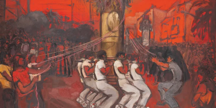 Liliana Cano, “I candelieri”, primi anni Settanta. Olio su tela, 200×140 cm, collezione privata, Sassari. Foto Luigi Manca. Per gentile concessione dell’Archivio Liliana Cano