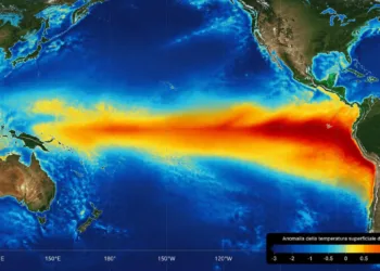 Mappa illustrativa delle anomalie della temperatura superficiale del Pacifico associate a El Niño