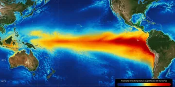 Mappa illustrativa delle anomalie della temperatura superficiale del Pacifico associate a El Niño