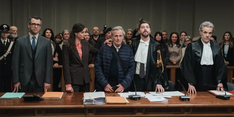 Jacopo Cullin, Geppi Cucciari, Fabrizio Ferracane e Michele Riondino in “Zustissia”. ©Palomar